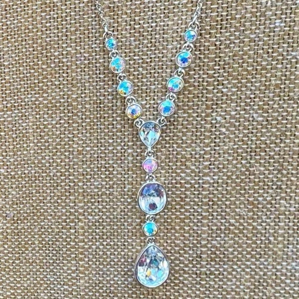 Givenchy Silver Necklace w/ Iridescent Round and Teardrop Crystals. EUC! - Picture 2 of 5